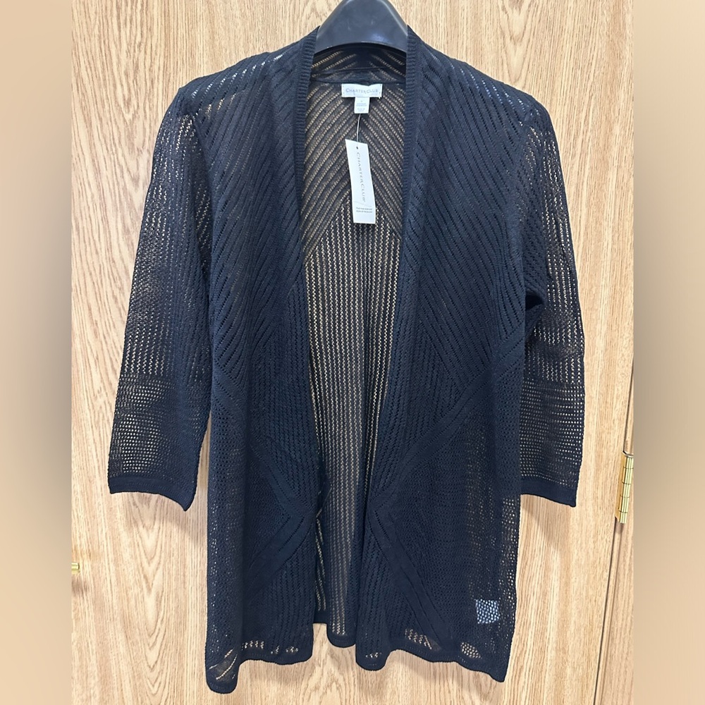 New Charter Club Chic Safari Black Knit 3/4 Sleeve Lightweight Cardigan Women’s